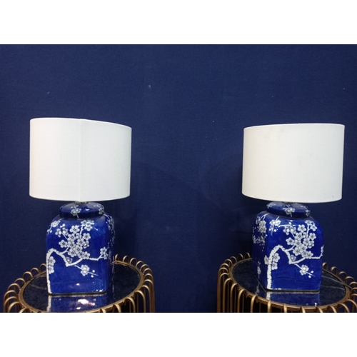 245 - A PAIR OF BLUE AND WHITE TABLE LAMPS each of square form the blue ground decorated with flowerheads ... 