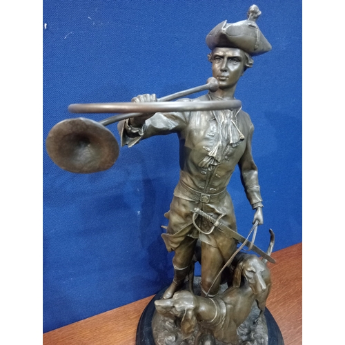 251 - after AUGUSTE MOREAU A cast bronze figure modelled as a hunter with horn shown standing on a natural... 