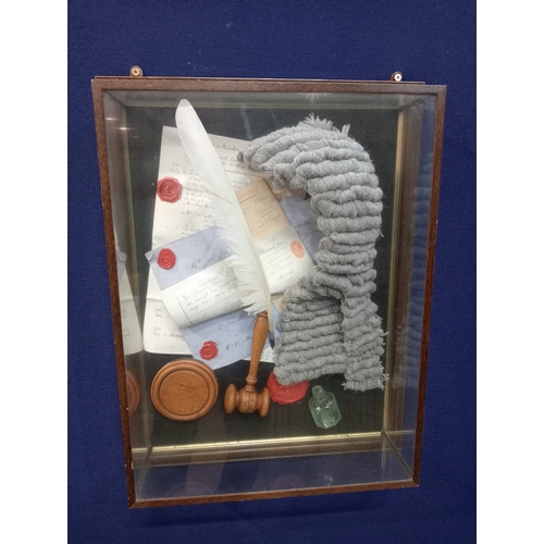 252 - A WALL MOUNTED SHOWCASE of Judges legal memorabilia 58cm (h) x 45cm (w) x 15cm (d)