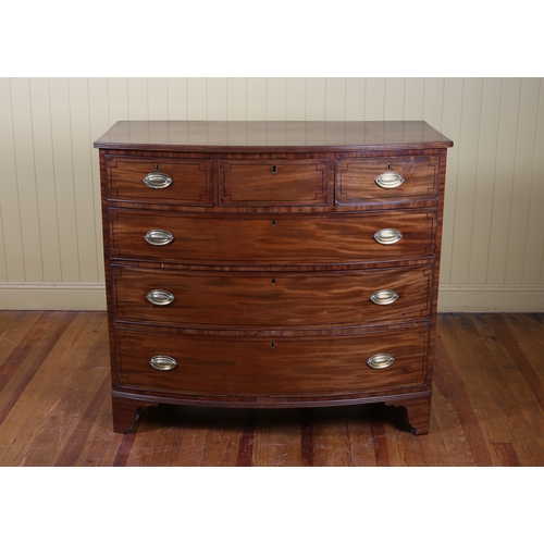 28 - A GOOD GEORGIAN MAHOGANY EBONISED STRING INLAID CHEST the reeded top above three short and three lon... 