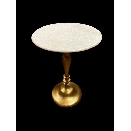 305 - A GILT METAL AND MARBLE OCCASIONAL TABLE the circular marble top above a baluster column on a circul... 