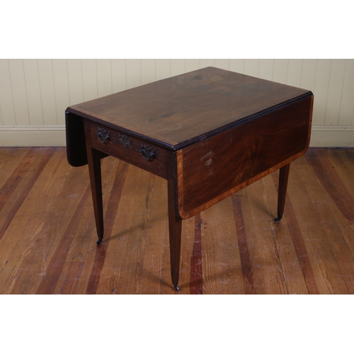 31 - A GEORGIAN MAHOGANY CROSSBANDED DROP LEAF TABLE the rectangular hinged top with frieze drawer on squ... 