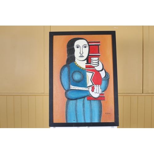 314 - SAM SPENCE after Fernando Leger Woman with Vase Oil on board Signed lower right Inscribed verso 67cm... 