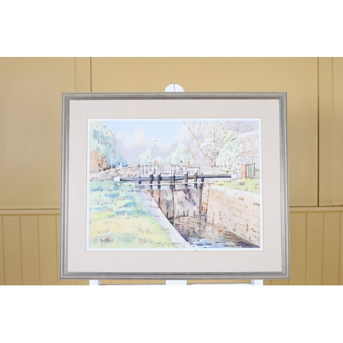 323 - BERTHOLD DUNNE The Canal Lock at Huband Bridge Watercolour Signed lower left Inscribed verso 38cm (h... 