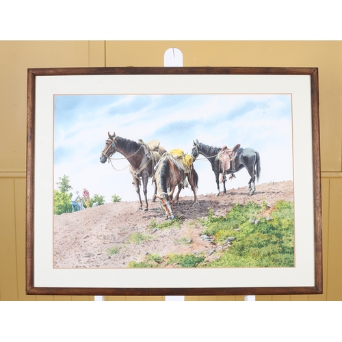 336 - JUAN LUIS RAMIREZ Cowboys and Horses in a Landscape Watercolour Signed lower right 54cm (h) x 74cm (... 