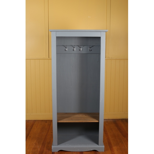 340 - A GREY PAINTED COAT UNIT of rectangular outline the shaped top above an open compartment containing ... 