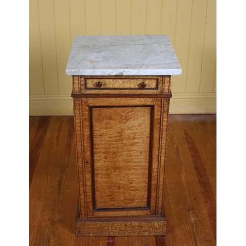 37 - A GOOD QUALITY 19TH CENTURY FLAMED OAK PEDESTAL of rectangular outline surmounted by a white veined ... 