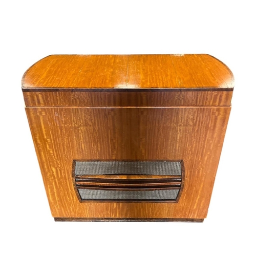 370 - AN ART DECO SATINWOOD RADIOGRAM the rectangular bowed case with hinged lid containing a Pilot radio ... 