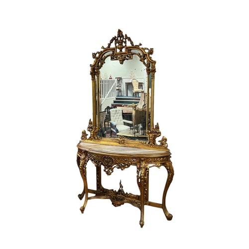 375 - A CONTINENTAL GILTWOOD CONSOLE TABLE AND MIRROR the rectangular arched plate within a carved C-scrol... 