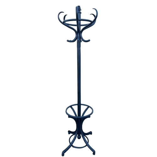 377 - AN EBONISED BENTWOOD SIX HOOK COAT STAND with cylindrical column above a stick compartment on splaye... 