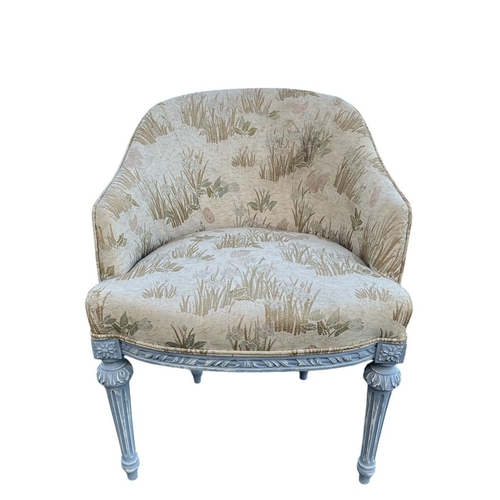 378 - A CONTINENTAL BLUE PAINTED AND UPHOLSTERED TUB SHAPED CHAIR the curved back with upholstered seat on... 