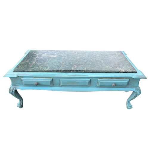 384 - A BLUE PAINTED SHABBY CHIC COFFEE TABLE of rectangular outline with eared corners inset with a green... 