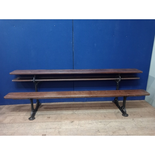 396 - A LATE 19TH CENTURY CAST IRON AND PINE BENCH the rectangular sloped top with panelled seat raised on... 