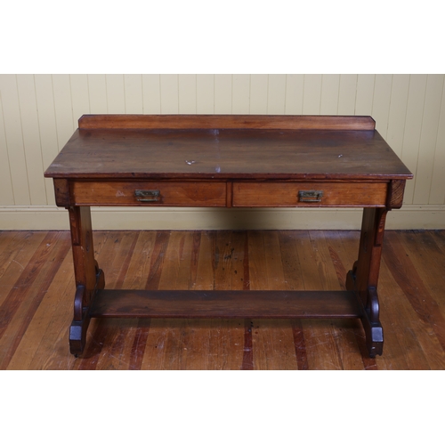 4 - A VINTAGE PINE SIDE TABLE of rectangular outline the moulded back above two short drawers on standar... 