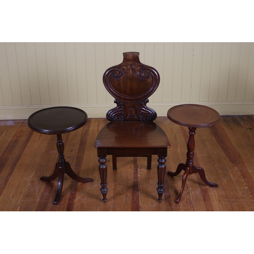 43 - A 19TH CENTURY CARVED MAHOGANY HALL CHAIR the scroll panel back and seat on baluster legs, TWO MAHOG... 