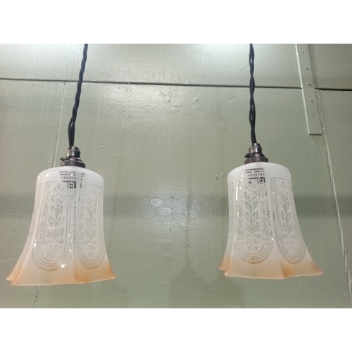 475 - A PAIR OF FROSTED GLASS CENTRE LIGHTS with clear glass and topaz coloured shades 60cm drop x 18cm (w... 