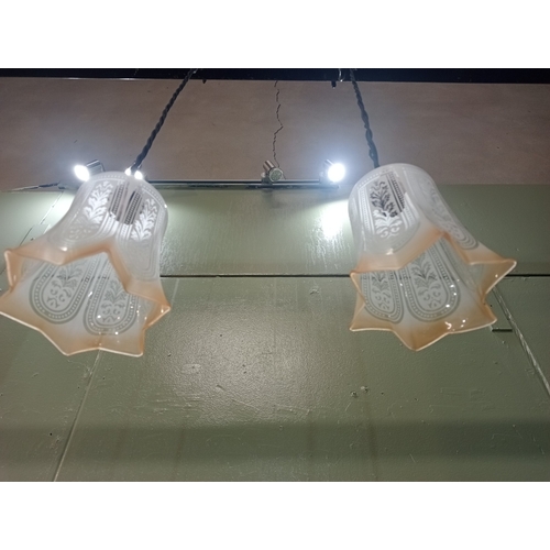 475 - A PAIR OF FROSTED GLASS CENTRE LIGHTS with clear glass and topaz coloured shades 60cm drop x 18cm (w... 