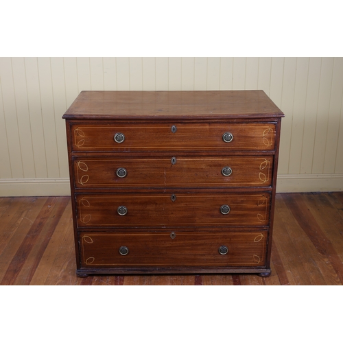 5 - A 19TH CENTURY MAHOGANY AND SATINWOOD STRING INLAID CHEST of four long graduated drawers with brass ... 