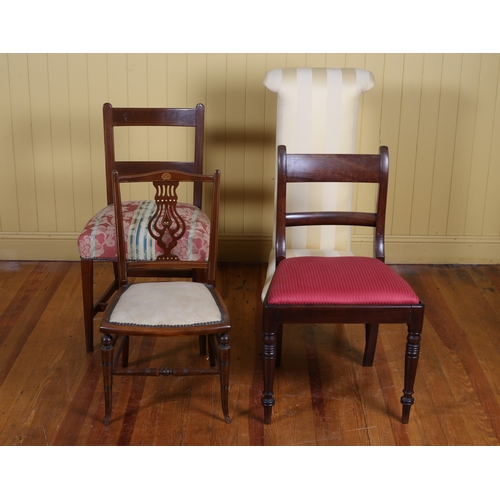 54 - TWO 19TH CENTURY MAHOGANY DINING CHAIRS together with A VINTAGE UPHOLSTERED PRIE DIEU, AN EDWARDIAN ... 