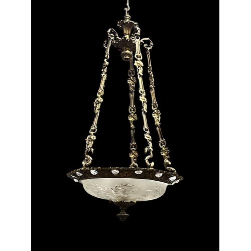 542 - A 19TH CENTURY CONTINENTAL GILT BRASS FROSTED GLASS AND ENGRAVED GLASS DISH LIGHT hung with leaf cas... 