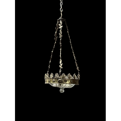 544 - A 19TH CENTURY GILT BRASS AND CUT GLASS DISH LIGHT with foliate cast chain suspension 80cm drop