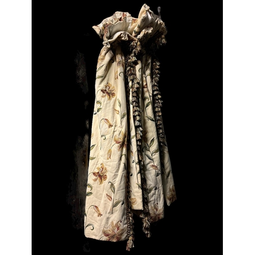 639 - TWO PAIRS OF BEIGE CURTAINS embroidered with floral sprays with tassel trims and tiebacks lined and ... 