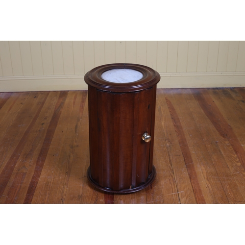 69 - A 19TH CENTURY MAHOGANY PEDESTAL of circular outline the shaped top with white veined marble inset a... 