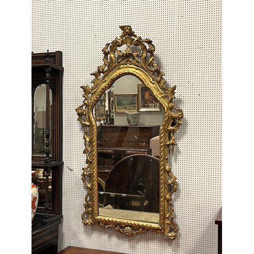 18 - A 19TH CENTURY CARVED GILTWOOD MIRROR the shaped plate within a rustic frame with C-scroll and flowe... 