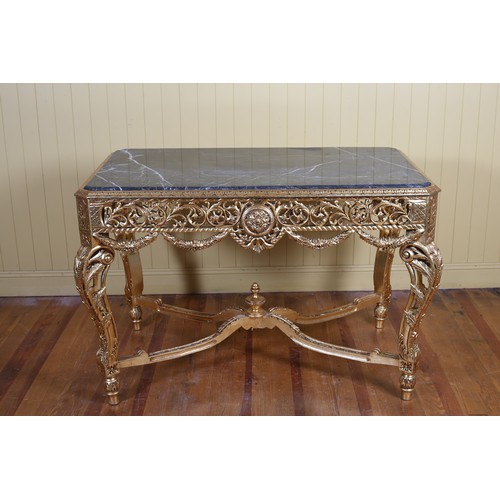 366 - A CONTINENTAL CARVED GILTWOOD AND MARBLE CENTRE TABLE of rectangular outline with canted angles inse... 