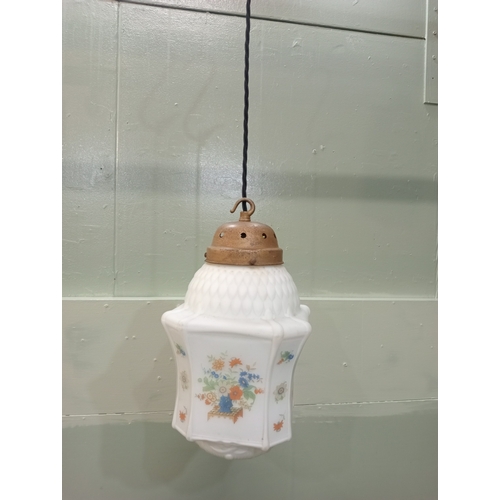 661 - A VINTAGE CENTRE LIGHT the white frosted ground with floral decorated panels 50cm drop