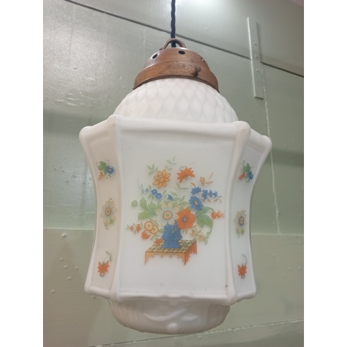 661 - A VINTAGE CENTRE LIGHT the white frosted ground with floral decorated panels 50cm drop