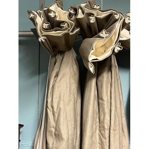 654 - A PAIR OF LIGHT BROWN CURTAINS lined and interlined Each 205cm drop x 350cm (w)