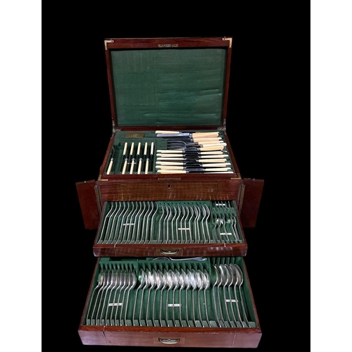 A PART SILVER CANTEEN OF CUTLERY Sheffield 1919 134 troy oz to include twelve table forks, ten dessert forks, six teaspoons, four salt spoons, two egg spoons, one sauce ladle, four plated knife rests, a pair of plated salad servers, a collection of bone handle table knives, dessert knives, two carving knives, three carving forks, etc.