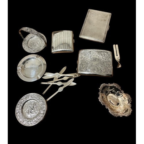 A COLLECTION OF SILVER to include three silver cigarette cases, a silver ashtray, bon bon dish, etc.