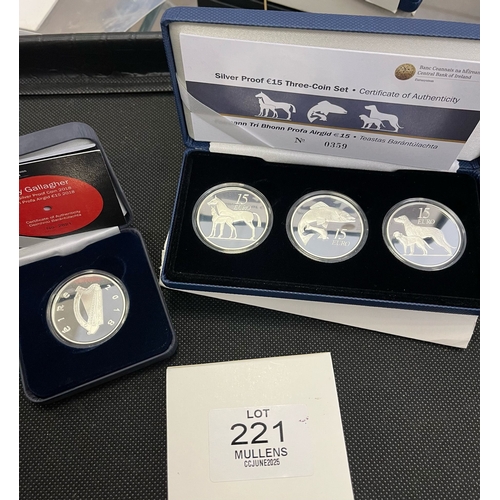 2018 RORY GALLAGHER SILVER PROOF 15 EUROS boxed together with a silver proof 15 euros Animals of Irish Coinage three coin set