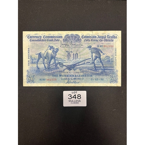 CURRENCY COMMISSION: The Munster and Leinster Bank Ploughman Ten Pounds. 01MT062350. Dated 06/12/31. Signed Gubbins. Soiled, creased and pressed, slight edge tears.