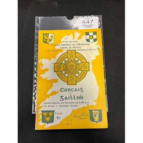 447 - GAA: 1953 All-Ireland Hurling Senior Final Programme. Cork v Galway. Light soiling, some writing. Ve... 