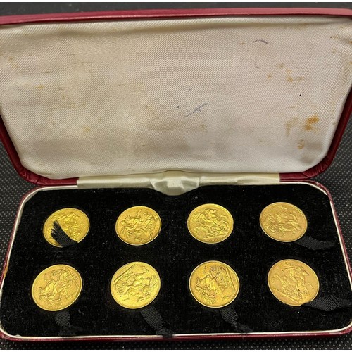 A CASED SET OF EIGHT GOLD SOVERIEGNS to include 1887 Jubilee Head, 1888 Jubilee Head, 1889 Jubilee Head Sydney, 1890 Jubilee Head Sydney, 1890 Jubilee Head, 1891 Jubilee Head, 1892 Jubilee Head, 1893 Jubilee Head Melbourne