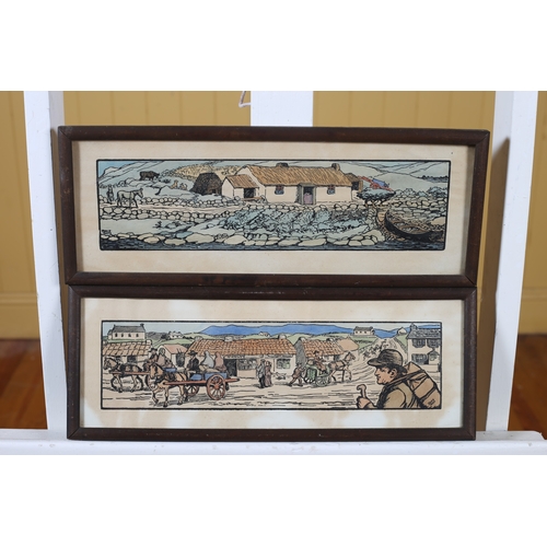 JACK B. YEATS Cuala Press Hand coloured prints Village Scene with Horses, Carts and Figures, Seashore with Cottage and Currachs A pair Signed 13cm (h) x 39cm (w)
