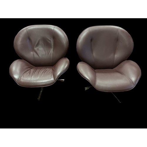 408 - A PAIR OF LIGNE ROSET 'MYO' BROWN HIDE UPHOLSTERED AND CHROME DESIGNER SWIVEL CHAIRS with footstool ... 