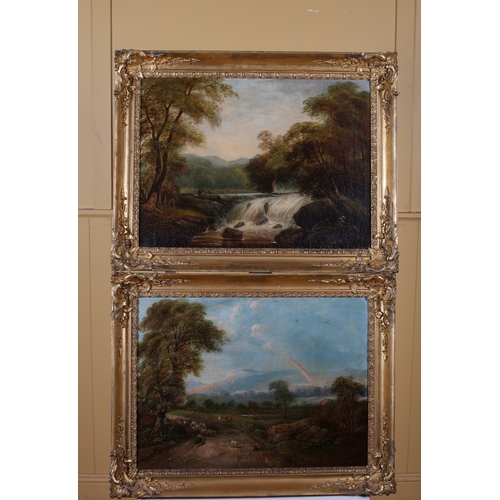 WILLIAM HOWIS, ENGLISH SCHOOL, LATE 19TH CENTURY Mountain Landscape with Sheep and Cattle, Riverscape with Figures Oil on canvas A pair Each 44cm (h) x 60cm (w)
