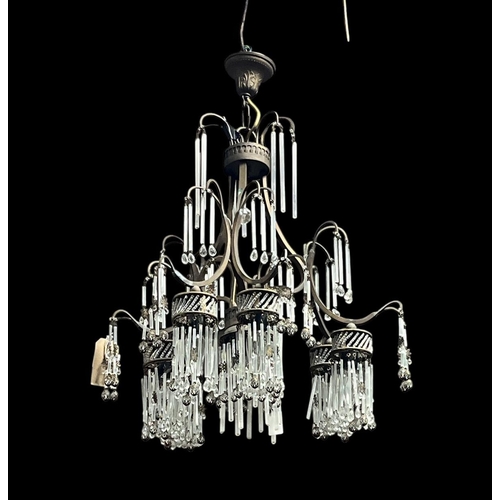 TWO ART DECO SILVER AND METAL SEVEN BRANCH CHANDELIERS with scroll arms hung with faceted drops 60cm (drop)