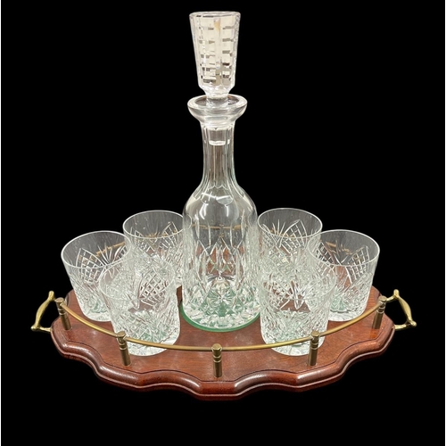 A SET OF SIX WATERFORD CUT GLASS TUMBLERS and decanter with stopper on mahogany presentation tray with brass gallery and carrying handles