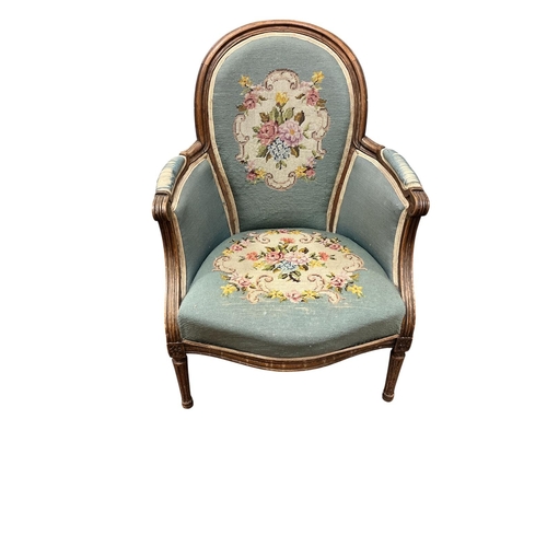49 - A CONTINENTAL STAINED WOOD AND NEEDLEWORK UPHOLSTERED ARMCHAIR the oval upholstered back and seat wi... 