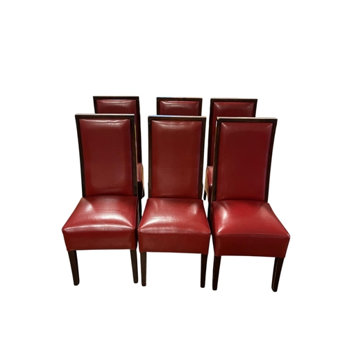321 - A SET OF SIX ART DECO STYLE STAINED WOOD AND UPHOLSTERED DINING CHAIRS each with a rectangular uphol... 