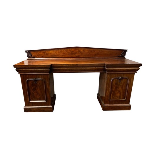 314 - A GOOD 19TH CENTURY MAHOGANY PEDESTAL SIDEBOARD of inverted breakfront outline the moulded back abov... 