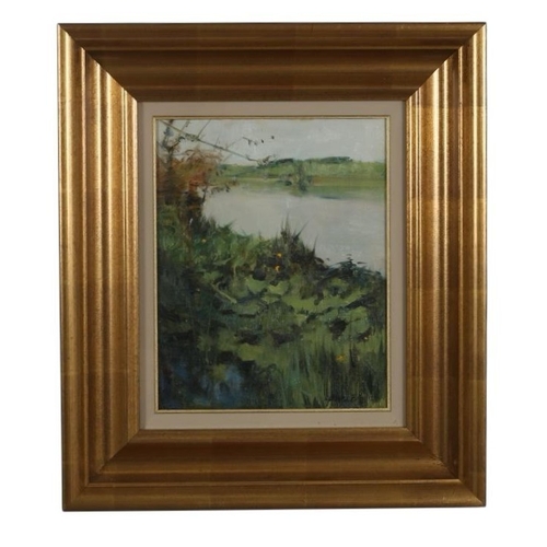 JAMES ENGLISH
‘Rivers Edge, The Boyne’
Oil on canvas
Signed lower right
Image: 25cm (h) x 20cm (w) 
Frame: 40cm (h) x 36cm (w)
