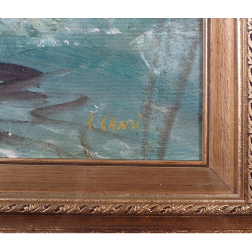 101 - R. CANO
Landscape with River and Figure on a Path 
Oil on canvas
Signed lower right 
46cm (h) x 63cm... 