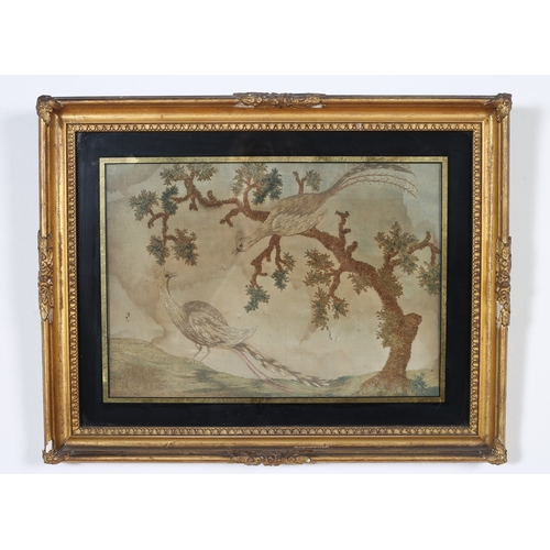 108 - A PAIR OF 19TH CENTURY SILK NEEDLEWORK PICTURES 
Depicting Landscape with Cattle and Drover, Peacock... 