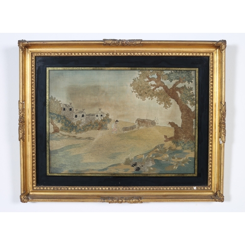 108 - A PAIR OF 19TH CENTURY SILK NEEDLEWORK PICTURES 
Depicting Landscape with Cattle and Drover, Peacock... 